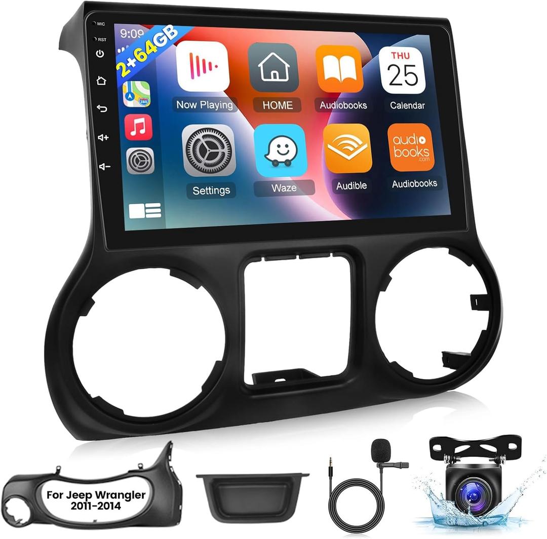 [2+64G] Android Car Radio for Jeep Wrangler 2011-2014 with Apple Carplay and Android Auto - 10.1 Inch Touchscreen Car Stereo Support GPS WiFi Bluetooth FM RDS + AHD Backup Camera + Mic