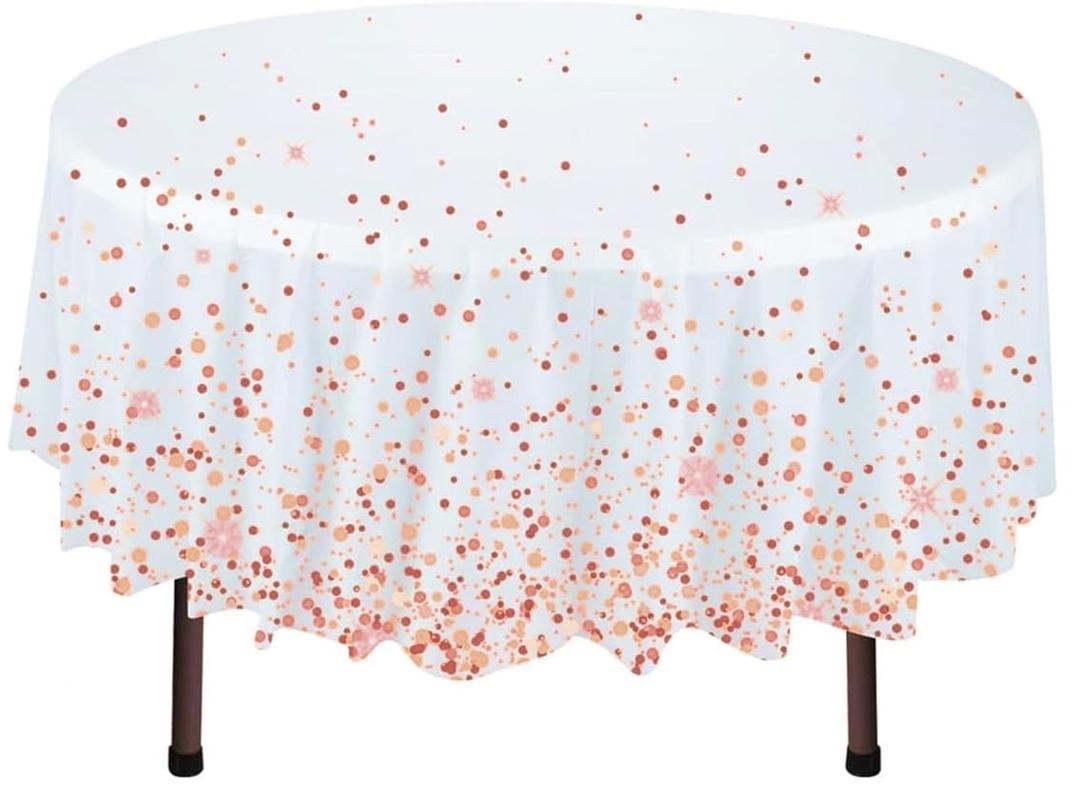 NORZEE 2-Pack White Disposable Plastic Tablecloths, 84" Plastic Table Cloth, Round Table Cover Rose Gold CONFETY