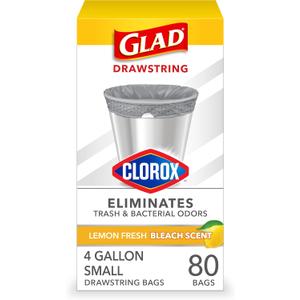 Glad Small Trash Bags 4 Gallon, Lemon Fresh Bleach Garbage Bags, Odor Resistant with Drawstring, 80 Count