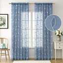 MIULEE Dusty Blue Sheer Curtains 2 Panels Embroidered Leaf Patterned Rod Pocket Floral Semi Sheer Faux Linen Window Curtains Drapes Set for Living Room Bedroom Dining Room, 52x84 Inches Long