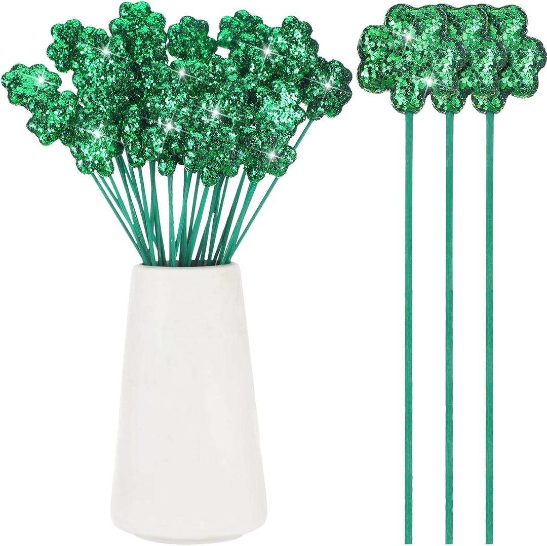 Singhoow 36 Pcs St. Patrick's Day Glitter Shamrock Picks Shamrock Foam Vase Picks for Table Centerpiece Vase Filler St Patricks Day Decorations