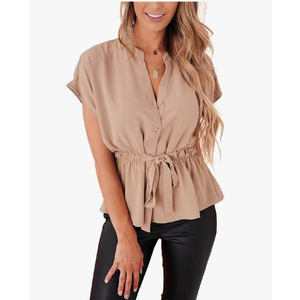 Womens Button Down Blouses Casual Peplum Summer Tops Dressy Chiffon Work Blouse, L