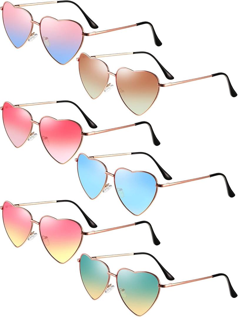 Frienda 6 Pairs Heart Shaped Sunglasses Vintage Heart Frame Multicolor Metal Retro Glasses Women Sunglasses