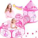 3 in 1 Girls Princess Play Tent for Kids: Pop Up Toddlers Playhouse with Baby Crawl Tunnel, Ball Pit and Castle Tent - Pink Children Play Tent Toys Indoor and Outdoor Game for Birthday Gift