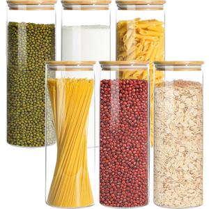 Glass Storage Containers with Airtight Bamboo Lids,Round Glass Jars Pantry Organizers,Perfect for Kitchen Organization - Flour, Rice, Pasta, Sugar, Coffee Beans, Accessories Included (43oz*6)