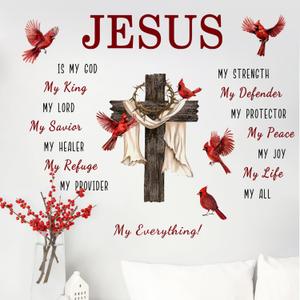 Yovkky Christian Cross Cardinal Memorial Wall Decals Stickers, Religious Red Birds Jesus is My God Home Bedroom Decor, Bible Verse Quotes Living Room Kitchen Decorations Art