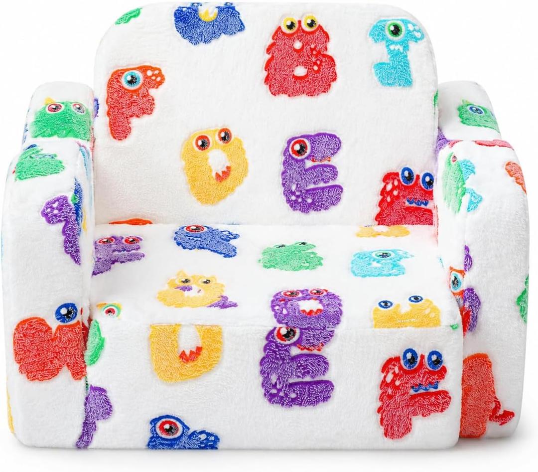 MeMoreCool Kids Folding Chair, 2-in-1 Foldable Kids Sofa Couch with Glow-in-the-Dark Alphabet Monster Print, Convertible Fold Out Lounge Seat with Washable Cover, Soft Foam Chair for Playroom