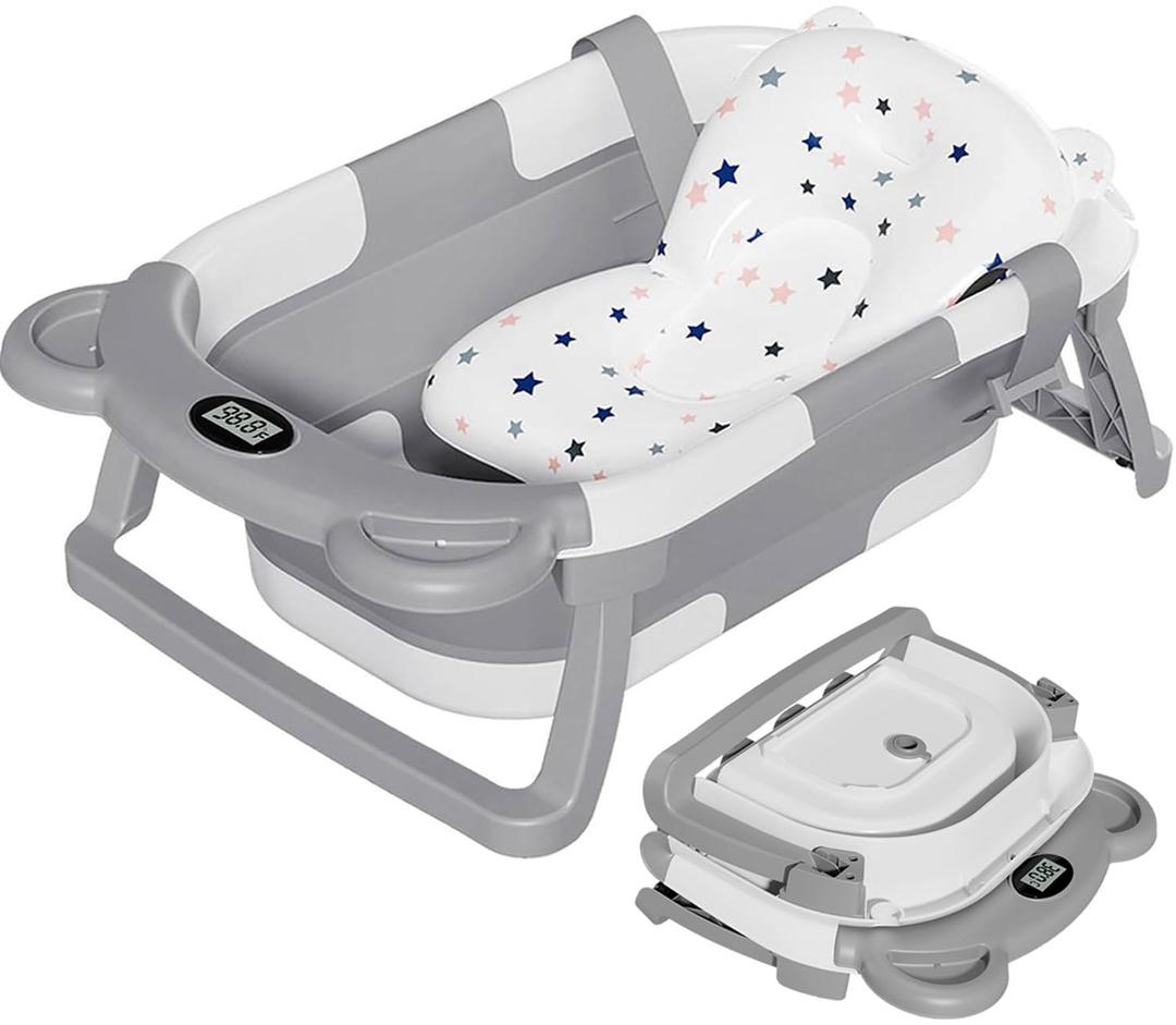TPN Collapsible Baby Bathtub, Baby Bath Tub with Soft Cushion & Real-Time Thermometer, Baby Bathtub Infant to Toddler Tub (0-36 Months), Portable Newborn Travel Bath tub (Grey)