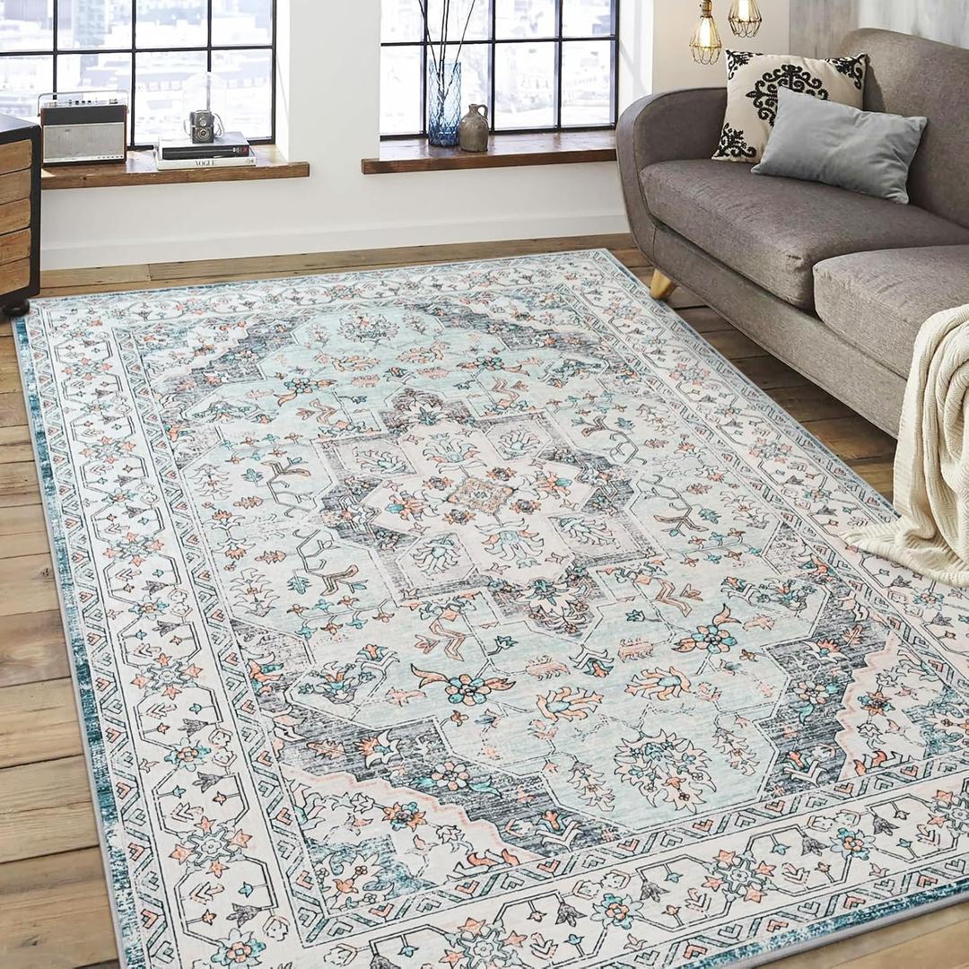 FlyDOIT Vintage Area Rugs for Living Room, 5x8 Blue Floral Medallion Washable Rug for Bedroom, Faux Wool Ultra Soft Retro Accent Rug, Non Slip Indoor Carpet for Kitchen Office Dining Room Decor