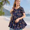 YESNO Women's Casual Short Sleeve Shirts Summer Floral Loose Tiered Swing Tunics Tops Blouses BEL (L)