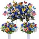 Zeyune 25 Pcs Memorial Day Artificial Cemetery Flowers for Rose Graves Headstone Saddle Flowers with Vases Butterflies and Flags for Outdoor Grave Tombstone Decorations (Blue)