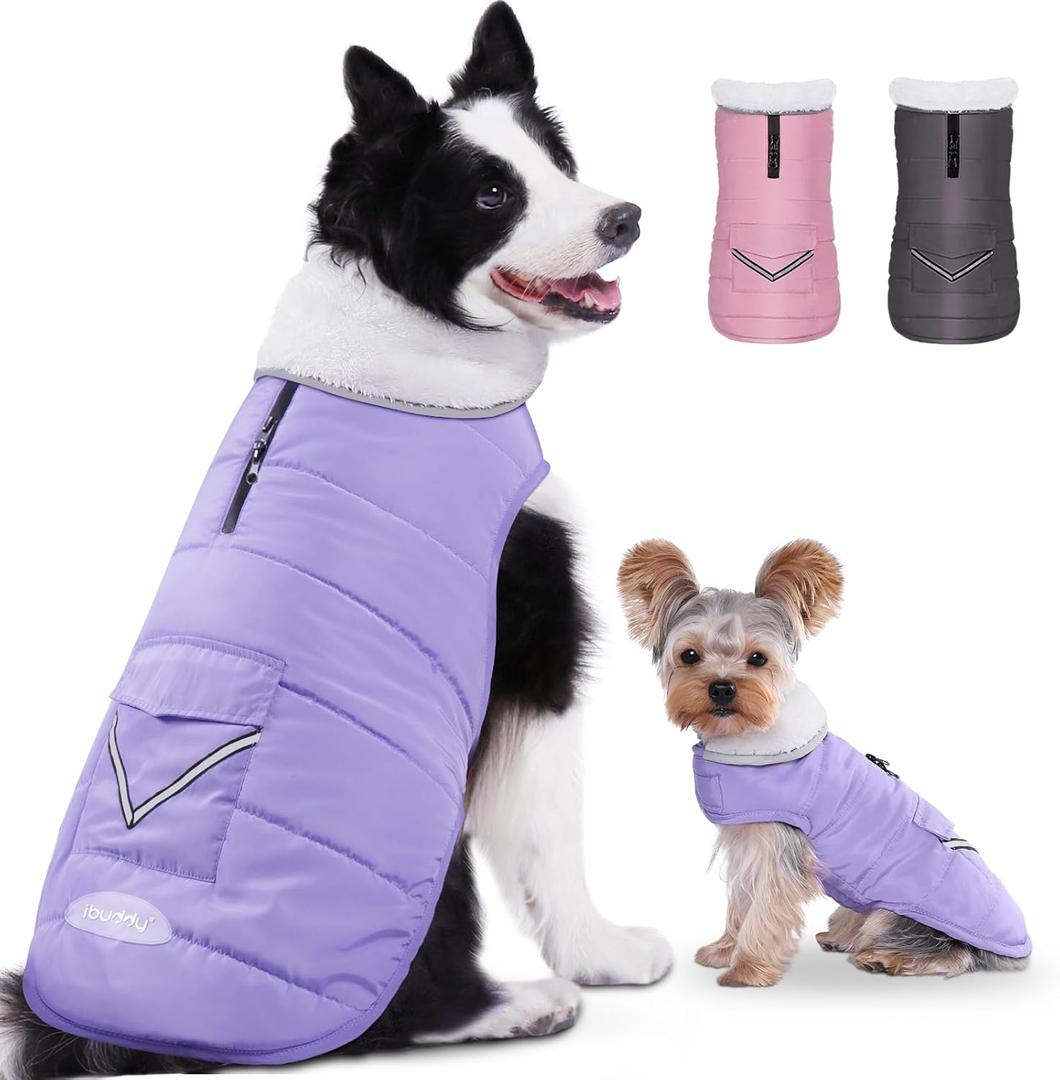iBuddy Dog Winter Coat for 2X- Large Dogs, Easy on XXL Dog Fleece Jacket Velcro Waterproof Pet Puffer Clothes with Harness Hole Adjustable Reflective Quilted Pet Cold Weather Vest for Girl Female (Purple)