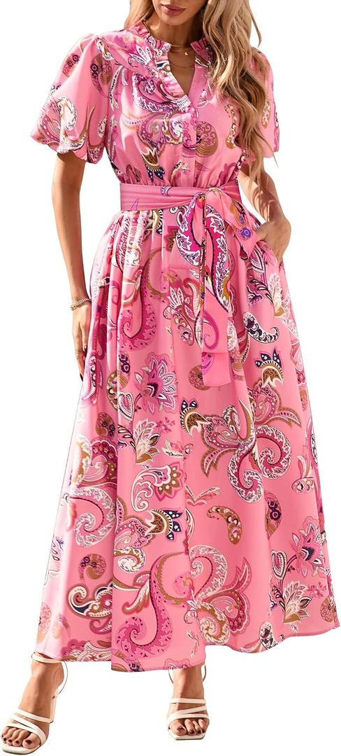 KIRUNDO Women Spring Summer Wedding Guest Boho Floral Maxi Dress Puff Sleeve Button Shirt V Neck Flowy Beach Vacation Dress(Pink, Small) (S)