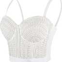 ELLACCI Woment's Pearls Beaded Bustier Crop Top Club Party Sexy Corset Top Bra White (Large)
