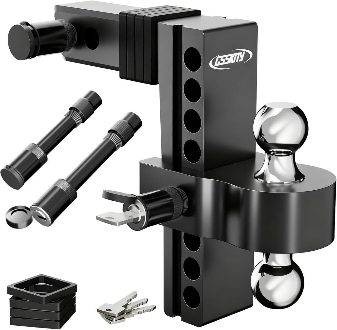 Adjustable Trailer Hitch for 2-Inch Receiver-8-Inch Drop/Rise,2" & 2-5/16" Ball Hitches for Trucks,18,500 LBS GTW, Heavy Duty Aluminum Tow Hitch with Anti-Theft Locking Pins,Black