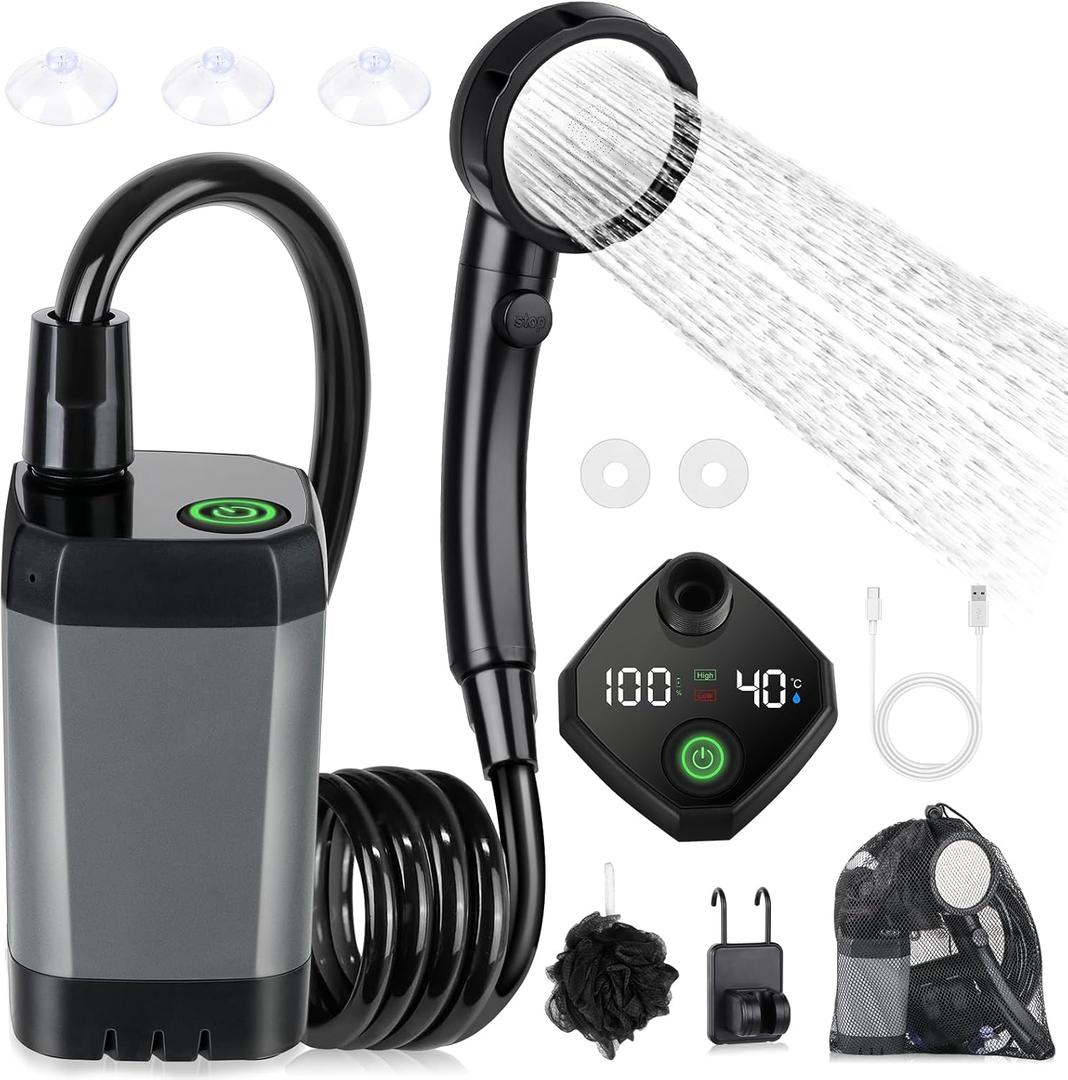 Portable Shower for Camping, [Long-Lasting] Spopal 6000mAh Rechargeable Camping Shower with Intelligent LED Display, 4 Spray Modes, IPX7 Waterproof Outdoor Camp Pump for Hiking, Travel, Car, Pet (Grey)
