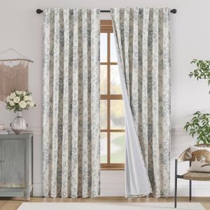 jinchan Blackout Linen Blend Curtains Gray Floral Curtain for Living Room 90 Inch Length Grey Printed Curtain with Lined Blackout Curtains for Bedroom Farmhouse Curtains Set 2 Panels, 50"W x 90"L