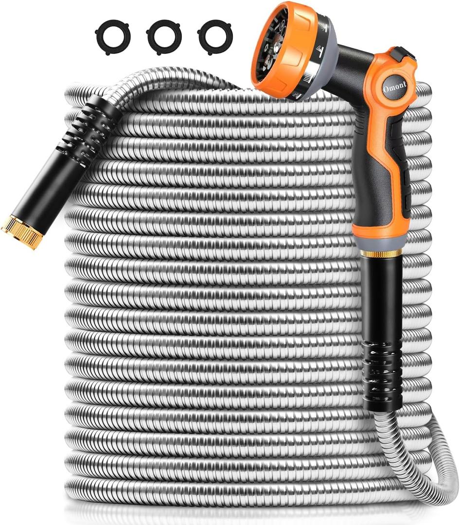 Omont Metal Garden Hose 100FT, Stainless Steel Water Hose with Nozzle, Flexible, Lightweight, Puncture Proof, Never Kink & Tangle, Heavy Duty Garden Hose for Yard and Outdoor