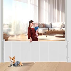 120 inch Retractable Baby Gates 34 inch Tall, Retractable Gate with Reinforced Strip Design to Prevent Crawling Through, 10 FT Extra Wide Retractable Dog Gate for Indoor/Outdoor (White)