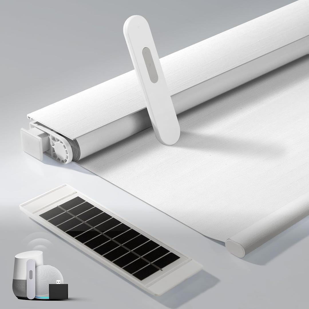 No Drill Motorized Blinds with Remote, Blackout Automatic Blinds with Solar Panel, Cordless Smart Electric Roller Shades for Windows, White, 36 x 72
