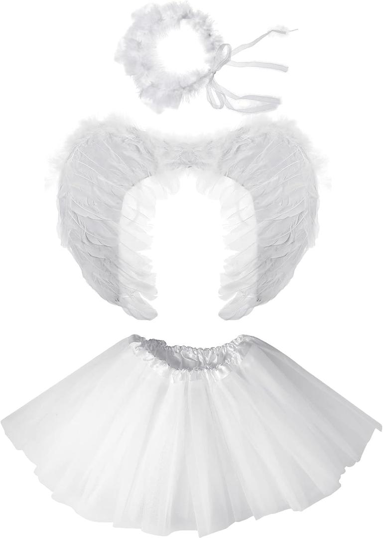 SATINIOR 3 Pcs Angel Costume for Woman Including Angel Tutu Skirt Headband Wing, Nativity Costume for Adults Christmas(Small,White) (One Size)