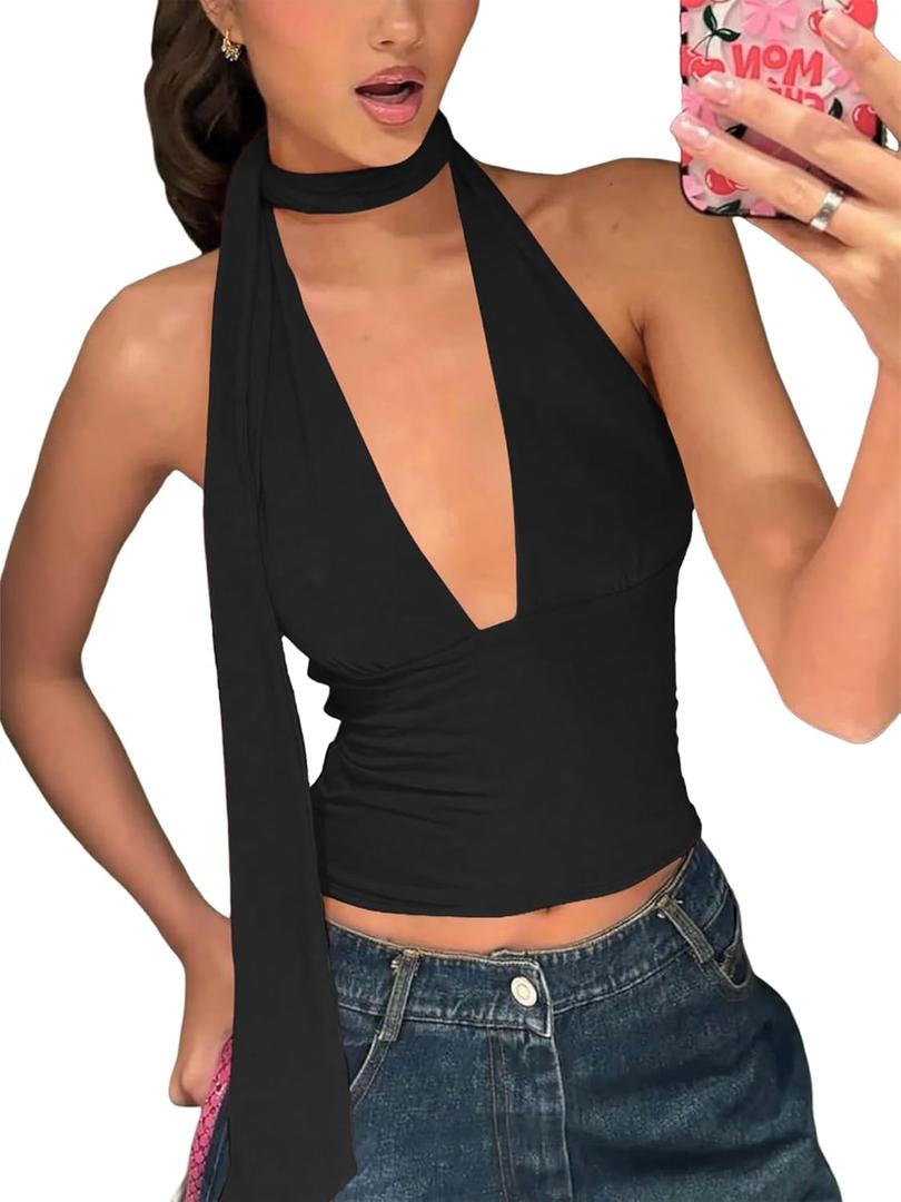 Womens Sexy Scarf Halter Tops Going Out Deep V Neck Sleeveless Backless Crop Top Slim Fit Y2k Summer Clubwear Party Top (Black, XS)