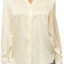 Women's Silk Blouse Long Sleeve Lady Shirt Casual Office Work Blouse Shirt Tops (3X-Large, V Neck-champagne)