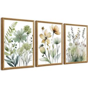 SYWENNOI Wood Framed Green Botanical Canvas Wall Art, Boho Floral Watercolor Art Wall Decor, Minimalist Flower Pictures Poster Prints for Bedroom Bathroom Living Room Ready to Hang 12x16 Inches