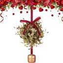 1 Pcs 5 Inch Valentines Day Mistletoe Ball Jingle Bell Ornament Mistletoe Glitter Kissing Ball with Jingle Bell Bow and Red Berry Artificial Hanging Ornament for Doorway Ceiling Light Decor