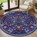 Round Area Rug for Living Room: 4 ft Floral Washable Circle Rug Soft Boho Non-Slip Carpet Indoor Stain Resistant Low Pile Small Circular Rug for Bedroom Entryway Kitchen Nursery Home Office Blue