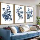 Large Framed Canvas Wall Art - Natural Float Framed Indigo Flowers Picturtes for Living Room Decor Retro Blue Floral Botanical Artwork Plants for Bedroom Kitchen Home Office Decor 72" X 36" Set of 3