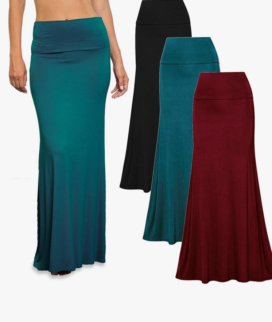 Free to Live 3 Pack Long Skirts for Women Fall Stretchy Flowy Maxi Skirt Dressy Casual for Work, Soft Fold Over High Waisted, M, Black, Teal, Wine