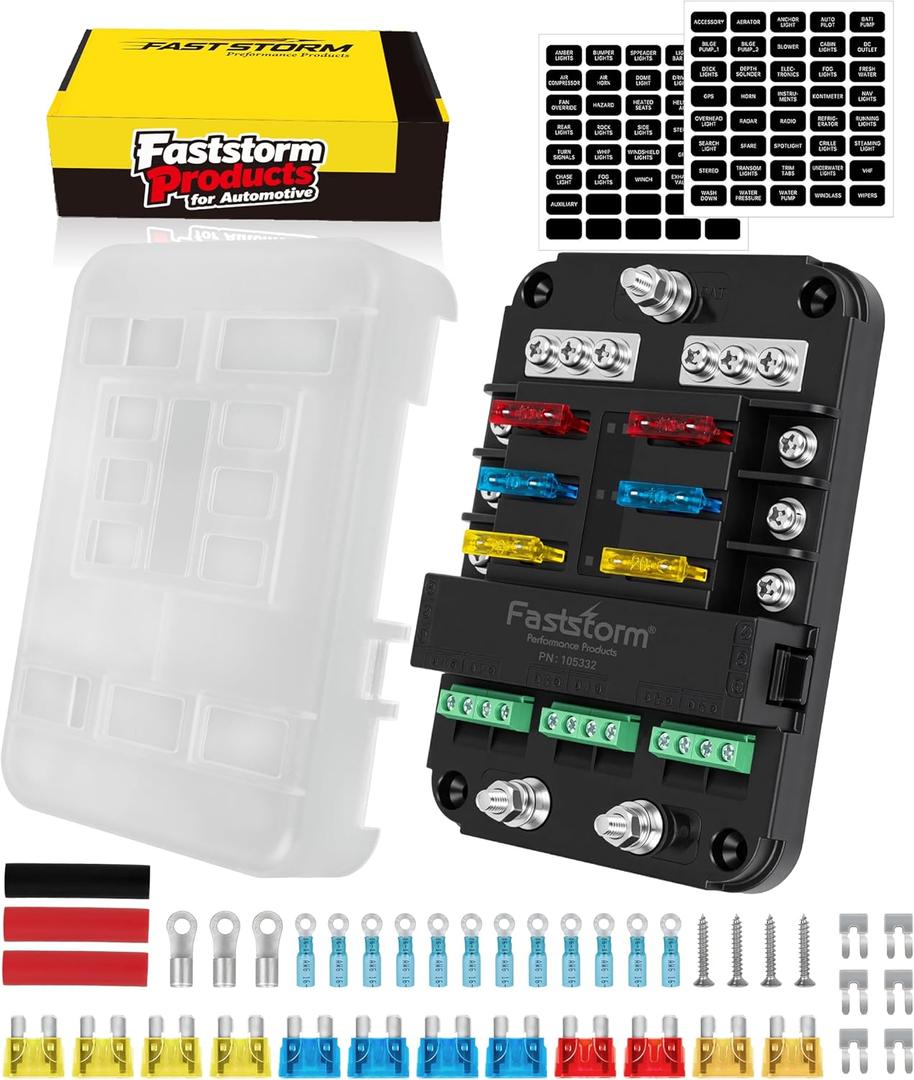 12V 6-Way Fuse Block with Relay, ATC ATO Blade Fuses, LED Indicator, ACC Interface, Marine/RV Automotive