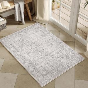 Light Brown Entryway Area Rug 2x3 Door Mat Machine Washable Kitchen Vintage Distressed Non Slip Carpet Indoor Retro Floral Accent Throw Small Rug for Bathroom Office Bedroom Dining Room