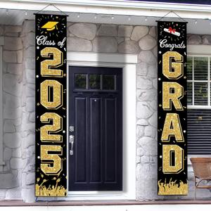 Graduation Decorations 2025, Graduation Banner Class of 2025, Hanging Congratulations/Congrats Grad Banner for Door and Porch, Party Decor - Black