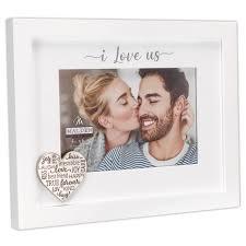 8×7 I Love Us Picture Frame Raised White Outer MDF Wood Moulding White Wood Grain Finish Mat With Gray Screenprinted Text Silver Finish Metal Heart Attachment