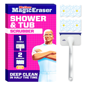 Mr. Clean Magic Eraser Shower & Tub Scrubber, Bathroom Cleaner, All in One Bathroom Cleaner, Lemon Starter Kit, 1 Scrubber & 2 Foaming Magic Erasers