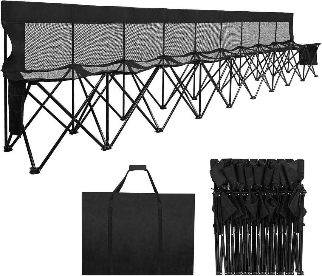 Soccer Bench- Folding Team Bench Soccer 9 Seats, Portable Sideline Sports Benches with Mesh Seat and Back with Bag, Foldable Breathable Chairs for Sports Football Camp Events (Black