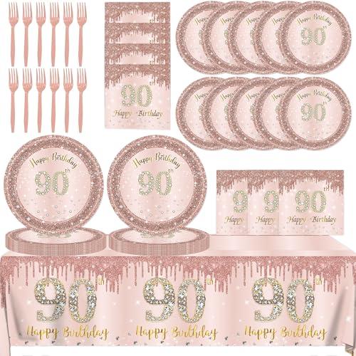 90th Birthday Decorations for Women,61Pcs Rose Gold 90th Birthday Decorations Tableware Include Happy 90th Birthday Plates and Napkins,Tablecloth,Forks,90th Birthday Party Supplies Serve 20
