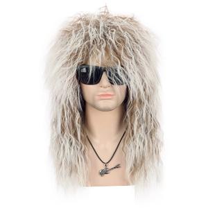 VGbeaty Men Women Long Curly Brown Gradient White 70s 80s Rocker Mullet Wig Halloween Costume Cosplay Wig (Brown and White)