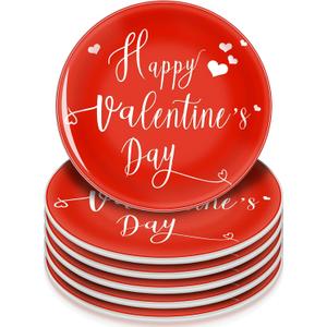 Funnymoom 6 Pack 6 Inch Happy Valentine Heart Ceramic Plates Red Heart Tableware Reusable Dinnerware Dessert Plates for Valentine Celebration Wedding Party Supplies