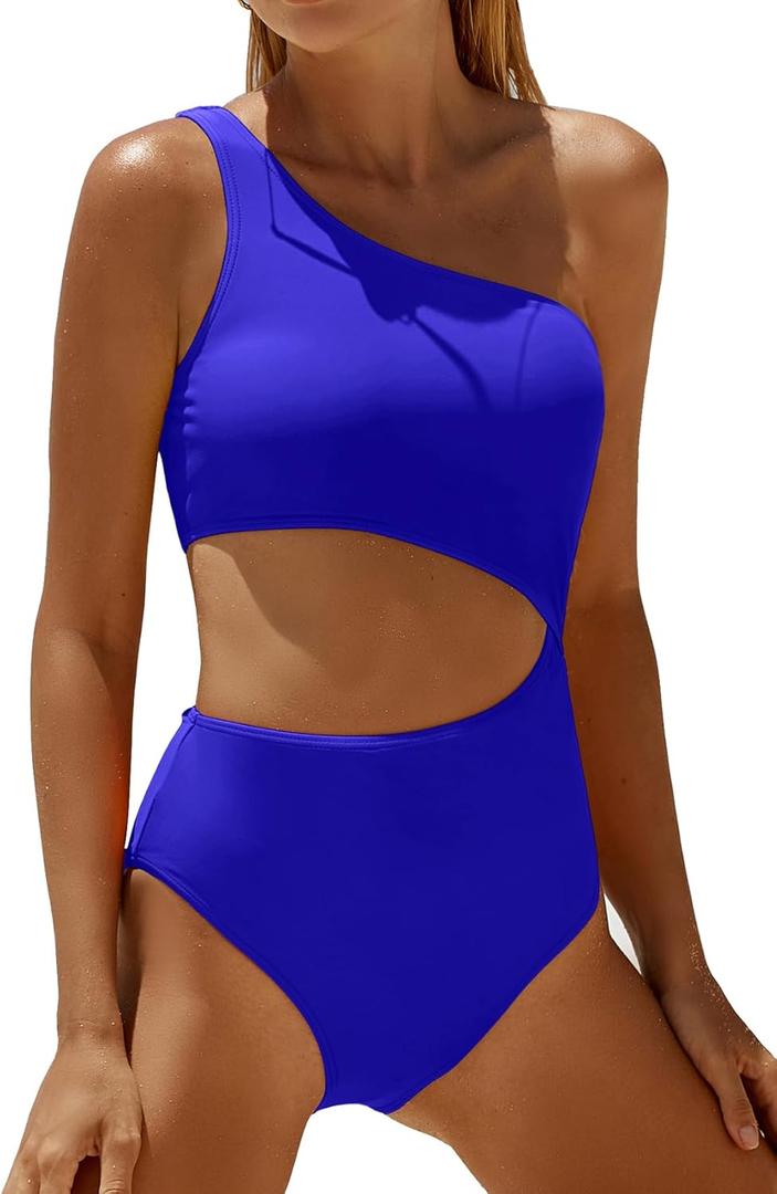 Women's One Piece Swimsuit- One Shoulder Bathing Suit Cutout Tummy Control Swimwear (Royal Blue) 
XS