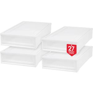 IRIS USA 27 Qt. Plastic Under Bed Storage Stackable Organizer Bin Container with Sliding Organizer Drawers, 4-Pack, Multi-Purpose for Clothes Shoes Clothing Bedding, White