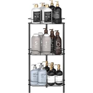 3 Tier Floor Standing Corner Shower Caddy Organizer Shelf with Hooks, Bathroom Shelves Stand Rack, Matt Black