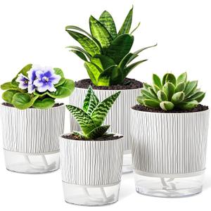4 Pack Self Watering Pots Set, 4+5.5 Inch Self Watering Pots for Indoor Plants, Planter Pot with Wick Rope and Reservoir for African Violet, Spider Plant, Orchid