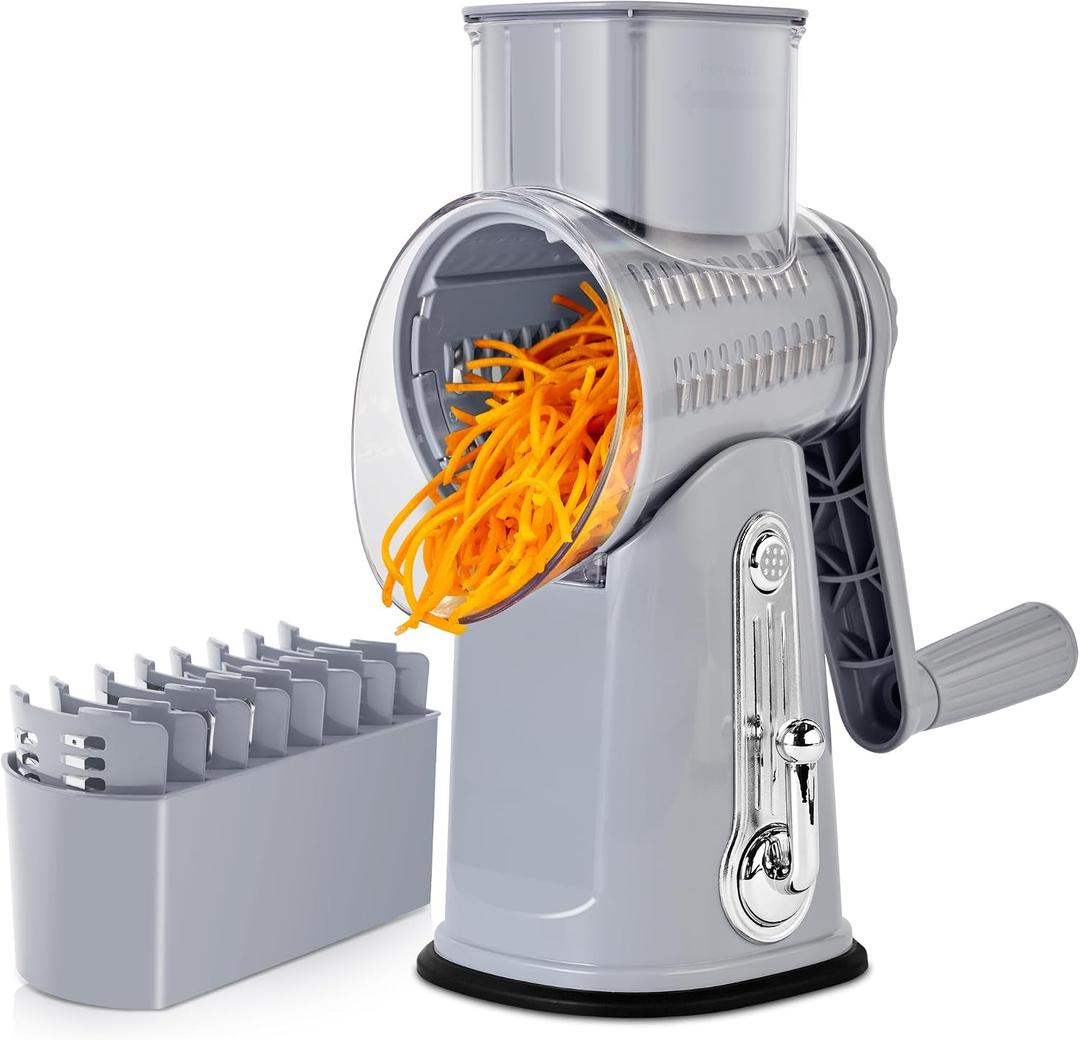 SUSTEAS Rotary Cheese Grater with Handle - Vegetable Shredder with 5 Well-designed Blades & Strong Suction Base,Round Mandoline Slicer & Food Chopper for Kitchen,with Blade Storage Box(Gray)