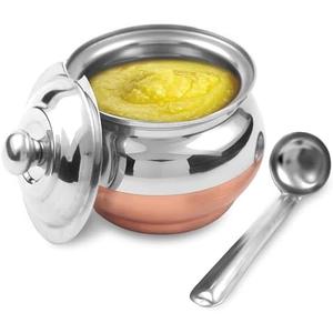 KSJONE Copper Coated Stainless Steel Ghee Pot with Spoon | Ghee Container for Kitchen | Premium Oil Container with Lid for Pooja Items, 200 ML