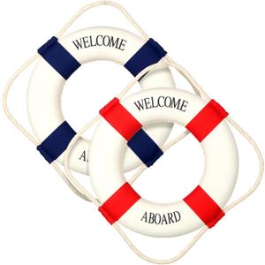 Vercraft 2 Pcs 20" Welcome Aboard Life Ring Large Life Preserver Ring Decorative Nautical Party Decorations Cruise Ship Decorations Lifebuoy Wall Hanging Decor for Home Wall Window, Red and Blue