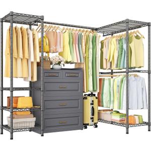 ULIFHOME E10L L-Shaped Clothes Rack for CornerWith Expandable Hanger RodHeavy Duty Freestanding Clothing Racks for Hanging ClothesPortable Garment Rack 58-82"W x 30"D x 72"HMax Load 900LBSGrey