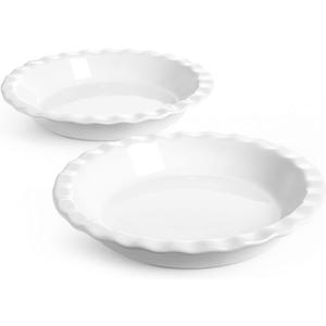 LE TAUCI Ceramic Pie Pans for Baking, 9 Inches Pie Plate for Apple Pie, Round Baking Dish, 36 Ounce Fluted Dish Pie Pan, Set of 2, White